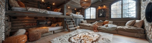 Adventure-themed kids bedroom with a loft bed and imaginative play areassuper detailed