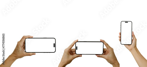 Smartphone mockup on hand with different postures isolated on a clear background including clipping path.   photo
