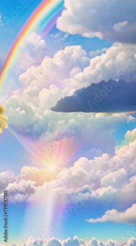 Magical rainbow and dluffy clouds background backsrop for a fairytale storybook peaceful photo