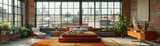 Contemporary loft bedroom with industrial accents and soft textilesHyperrealistic