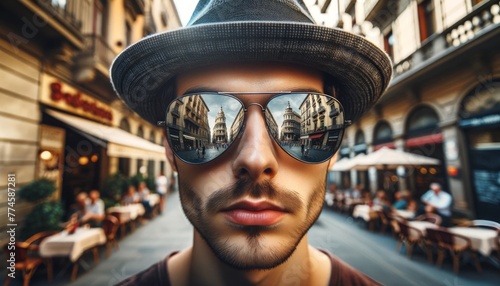 A medium shot of a person wearing a stylish fedora hat with the urban cityscape reflected in their aviator sunglasses. photo