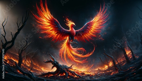 A medium shot of a mythical phoenix reborn  rising from the ashes near the remains of its previous form.