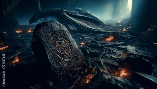 A close-up of an ancient rune-covered stone amidst the smoldering remains of a once mighty dragon.