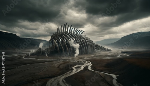 A medium shot of a desolate wasteland with steam vents and a massive ribcage jutting out of the ground, under a stormy sky.