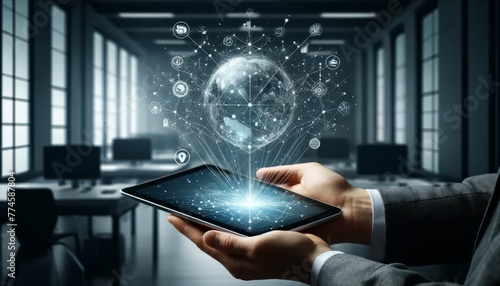An image of a hand holding a tablet from which a three-dimensional holographic projection of a network of connections, symbols of technology, and digi. photo
