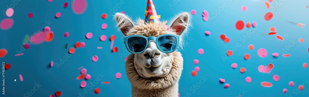 Festive Alpaca Card with Confetti, Hat & Sunglasses for Celebrations: Birthdays, New Year's Eve & More