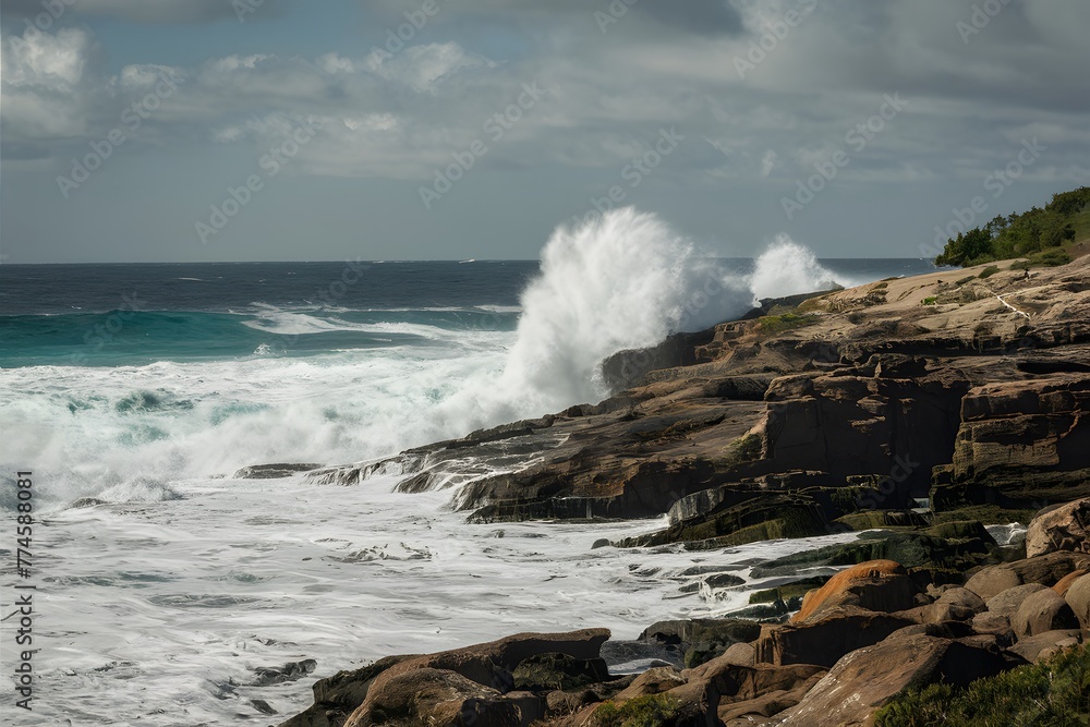 Rocky shore braves crashing waves, a testament to natures power