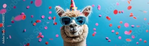 Festive Alpaca Card with Confetti, Hat & Sunglasses for Celebrations: Birthdays, New Year's Eve & More © hisilly