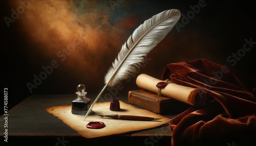 A still life of a classic quill pen, inkwell, and parchment paper, with a wax seal, all set on a dark wooden table with a plush velvet cloth.
