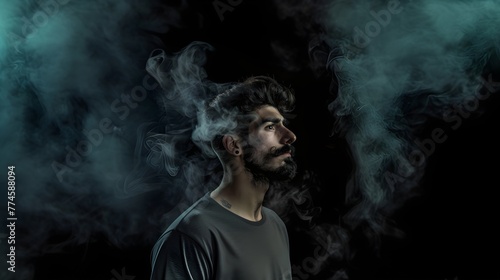 Bearded Man With Dark Smoke Texture Background Portrait Photography (Generative AI)
