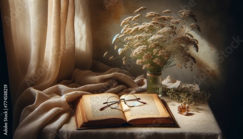 A scene with an open book, a pair of vintage reading glasses, and a small bouquet of wildflowers on a draped fabric. photo