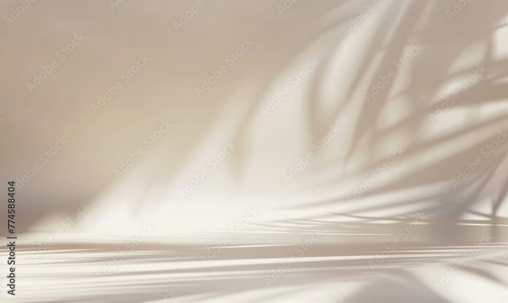 Obraz premium Blurred shadow cast by palm leaves on a light cream wall provides a minimalist yet captivating backdrop, ideal for product presentations during the summer and spring. Made with generative AI technolog