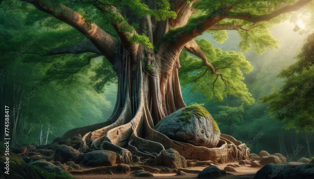 Create an image of a mighty, old tree with a thick, textured bark and expansive, leafy canopy. Create an image of a mighty, old tree with a thick, textured bark and expansive, leafy canopy.