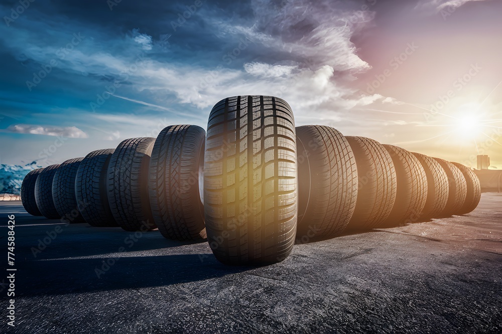 Row of tires with largest in front, automotive industry photo - obrazy, fototapety, plakaty 