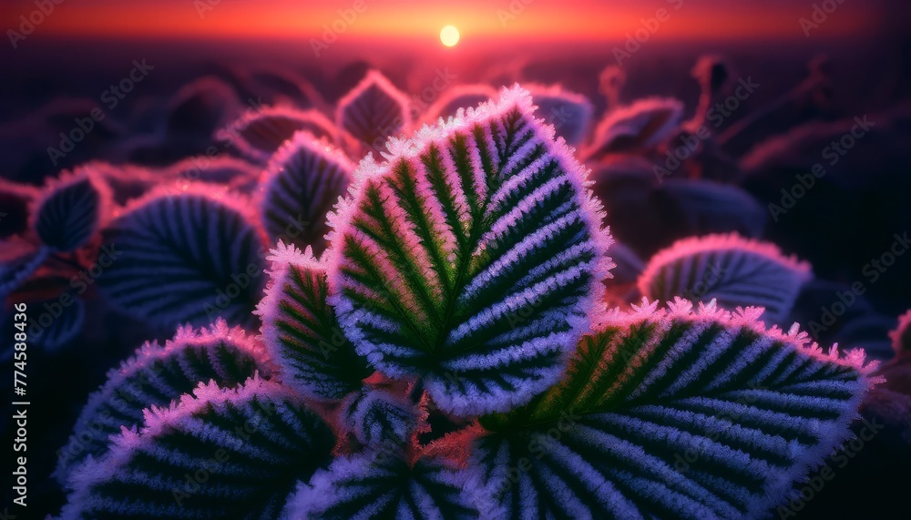 A close-up image showcasing the delicate frost on leaves against the soft glow of a pink and orange sunrise.