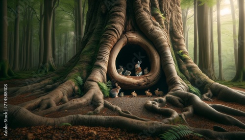 Craft an image of a large, ancient tree with a spacious hollow in its trunk, creating a cozy shelter within. photo