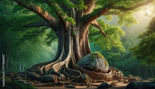 Create an image of a mighty, old tree with a thick, textured bark and expansive, leafy canopy.
