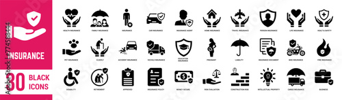 Insurance solid icons set. Insurance, shield, financial, disability, cargo, family, health, property, secure, travel and accident. Vector illustration