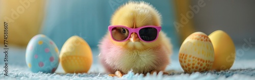 Funny Easter Chick in Shades on Table - Cute Animal Greeting Card Idea for Holidays