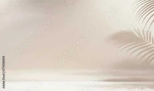 Blurred shadow cast by palm leaves on a light cream wall provides a minimalist yet captivating backdrop, ideal for product presentations during the summer and spring. Made with generative AI technolog