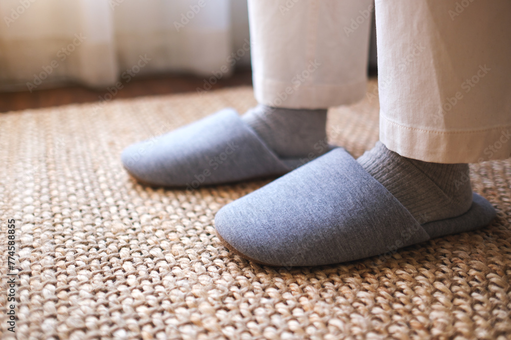 Closeup of a woman wearing slippers at home