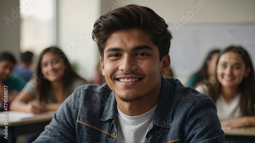 Happy latino hispanic male college student sitting classroom smiling, student study in class. Diversity unity concept photo