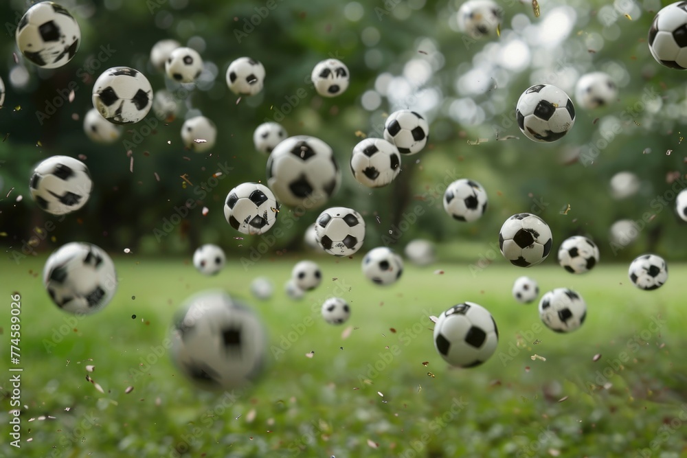 Fototapeta premium Multiple soccer balls suspended mid-air in a dynamic and playful display, symbolizing sports and motion