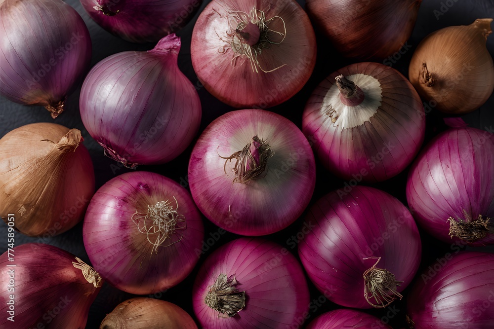 Scene Group of red onions, culinary ingredients close up Scene Group of red onions, culinary ingredients close up
