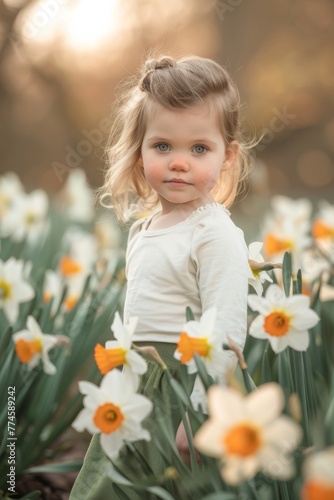Child in white top among daffodils. Preschool girl with contemplative gaze standing among daffodil flowers in springtime