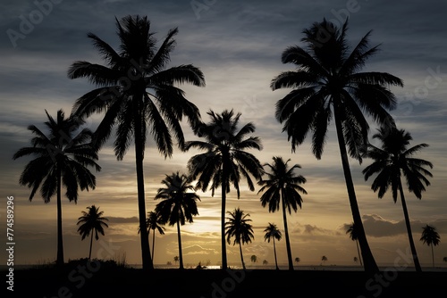 Scene Silhouette of palm trees at sunset, tropical landscape photo