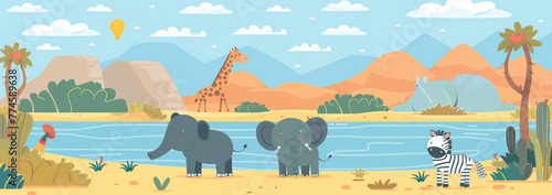 A cute cartoon elephant, hippopotamus and zebra near the water in an African savannah landscape with desert mountains.  © Kien