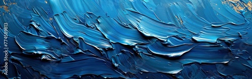 Vibrant Dark Blue Abstract Painting with Brushstrokes and Waves on Canvas - Colorful Texture Background
