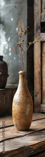 Artisanal ceramic vase, earthy glaze, unique curvature, sitting on a worn wooden table in a cozy workshop, a light drizzle outside, displayed in a soft, dreamy photography style with a gentle vignette photo