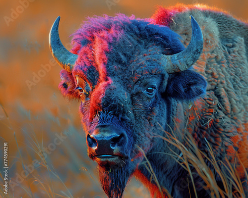 Bison, roaming freely in restored prairie grasslands of a rewilding project