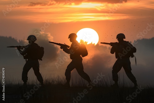 shot Marines in action silhouetted by fiery sunset amidst smoke