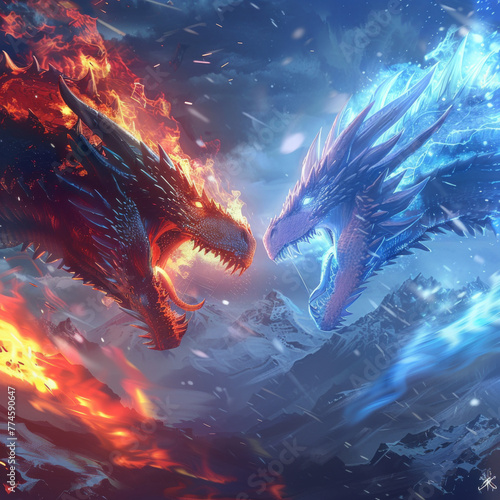 A fire dragon and ice dragon face each other in an epic battle  with snowy mountains behind them