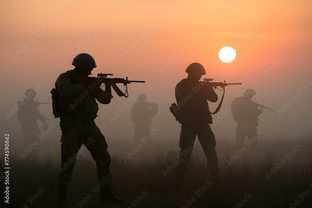 shot Soldiers silhouettes amid sunset fog engage with rifles photo shot Soldiers silhouettes amid sunset fog engage with rifles photo