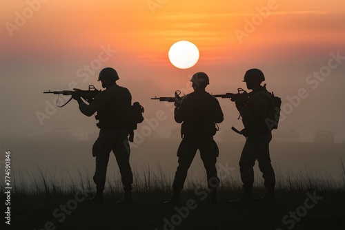 shot Soldiers silhouettes amid sunset fog engage with rifles photo