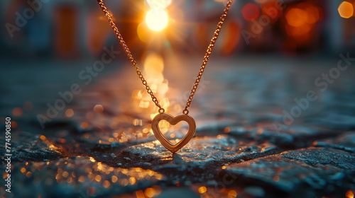 Golden Heart, ethical gold necklace, symbol of compassion, being certified in a bustling jewelry shop, under warm sunlight, 3D render, golden hour, depth of field bokeh effect
