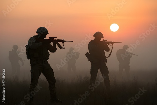 shot Soldiers silhouettes amid sunset fog engage with rifles photo