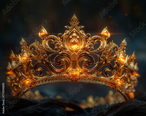 Golden Crown, intricately designed, worn by ancient kings Imagine it gleaming under the dim torchlight of a grand hall Realistic, backlit, with a touch of golden hour lighting