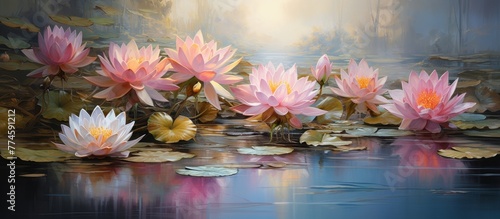 Pink water lilies blooming beautifully on the surface of a calm pond  surrounded by green leaves and reflecting the sky
