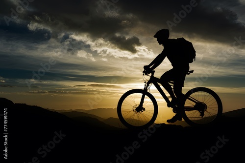 Silhouetted figure with mountain bike against dramatic sunset backdrop