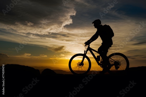 Silhouetted figure with mountain bike against dramatic sunset backdrop