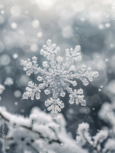 Snowflake, Frosty coat, Intricately detailed snowflake, A serene winter forest blanketed in snow, Snowstorm, Photography, Backlights, Bokeh effect