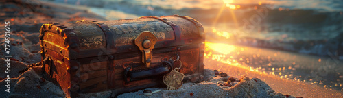 Treasure chest, old key, unlocking secrets, on a remote island beach, photography, sunlight, vignette