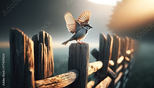A single sparrow stretching its wing while perched on a rustic wooden fence post, with soft morning light casting a gentle glow.