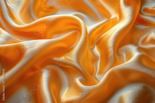 Closeup of orange and white silk fabric, swirling with soft folds and smooth curves, showcasing the luxurious texture and color combination. Created with Ai