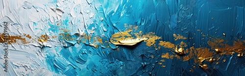 Blue and Gold Abstract Painting Texture with Brushstrokes on Canvas - Closeup Banner Panorama Background