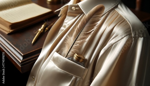 A close-up image of a silk blouse pocket holding an elegant feather quill and an inkwell cap. photo